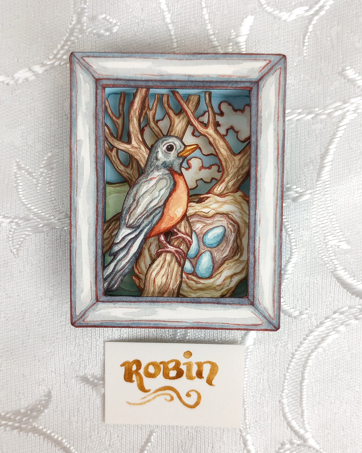 "Robin with Nest" — Now No More The Frost No. 7 — Original 3D Watercolor Matchbox Diorama