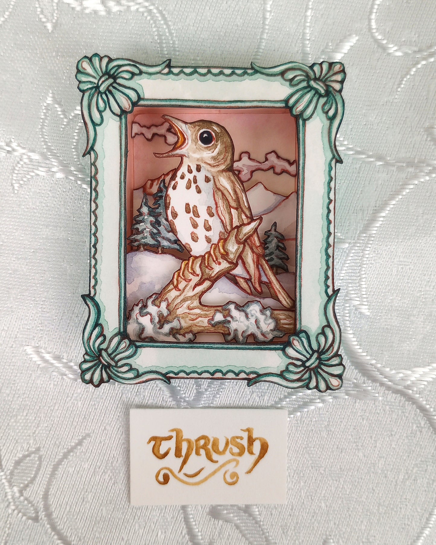 "The Thrush in Song" — Now No More The Frost No. 5 — Original 3D Watercolor Matchbox Diorama