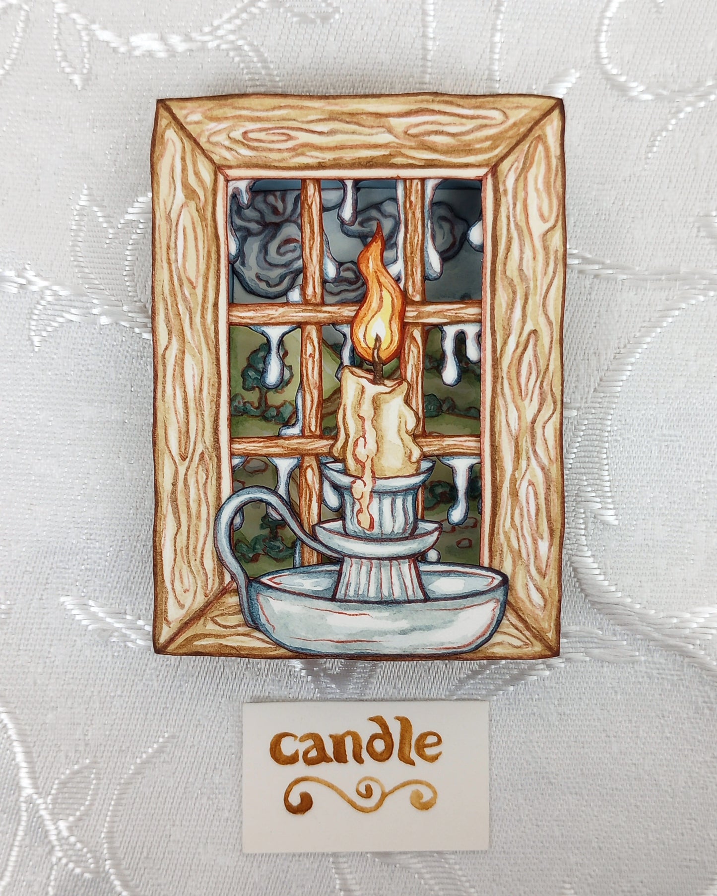 "Candle in the Window" — Now No More The Frost No. 2 — Original 3D Watercolor Matchbox Diorama
