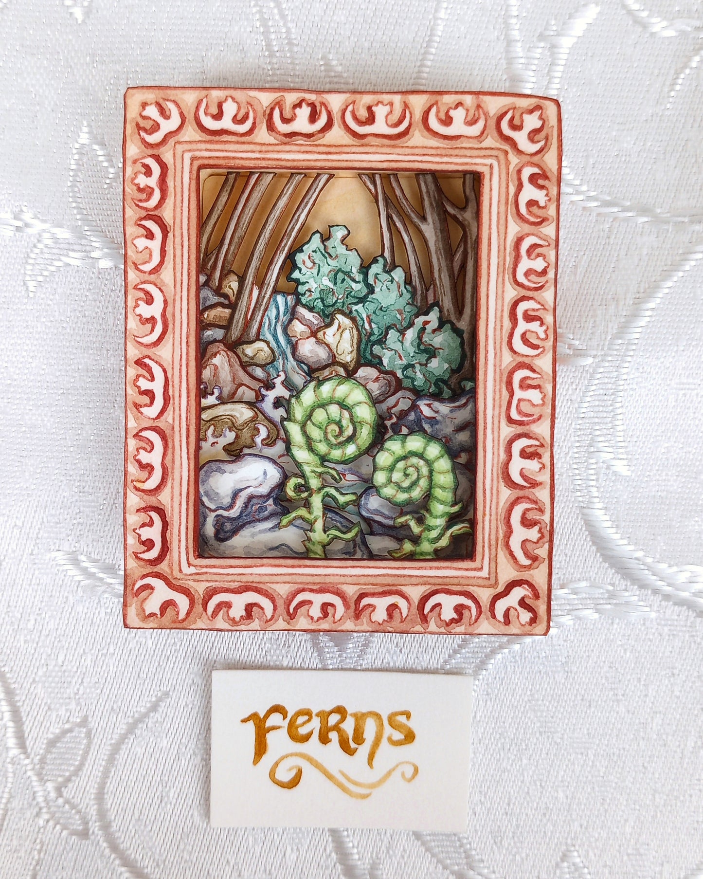 "Fiddlehead Ferns and Snowmelt Waterfall" — Now No More The Frost No. 8 — Original 3D Watercolor Matchbox Diorama