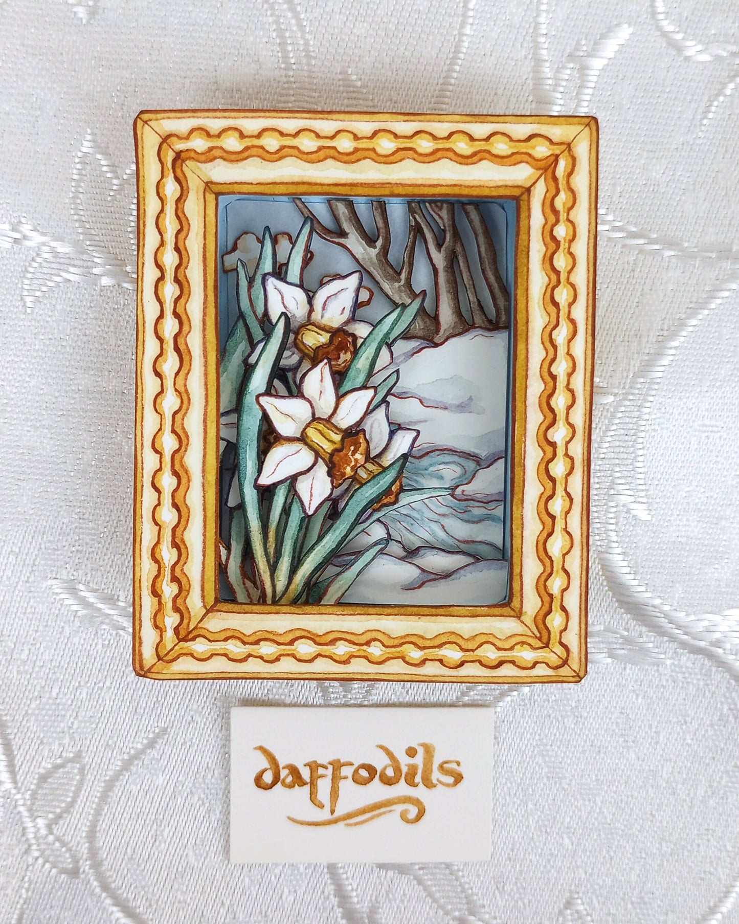 "Daffodils by the Stream" — Now No More The Frost No. 4 — Original 3D Watercolor Matchbox Diorama
