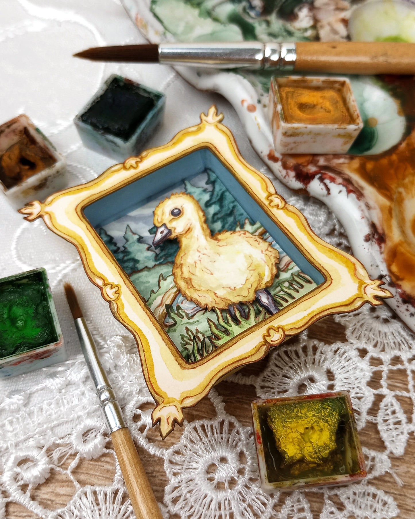 "Gosling" — Now No More The Frost No. 9 — Original 3D Watercolor Matchbox Diorama