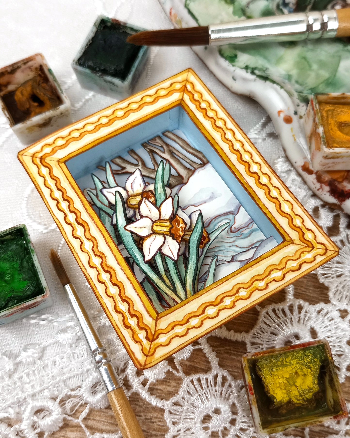 "Daffodils by the Stream" — Now No More The Frost No. 4 — Original 3D Watercolor Matchbox Diorama