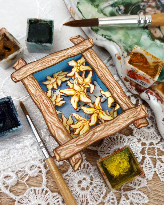 "Forsythia and Blue" — Now No More The Frost No. 6 — Original 3D Watercolor Matchbox Diorama
