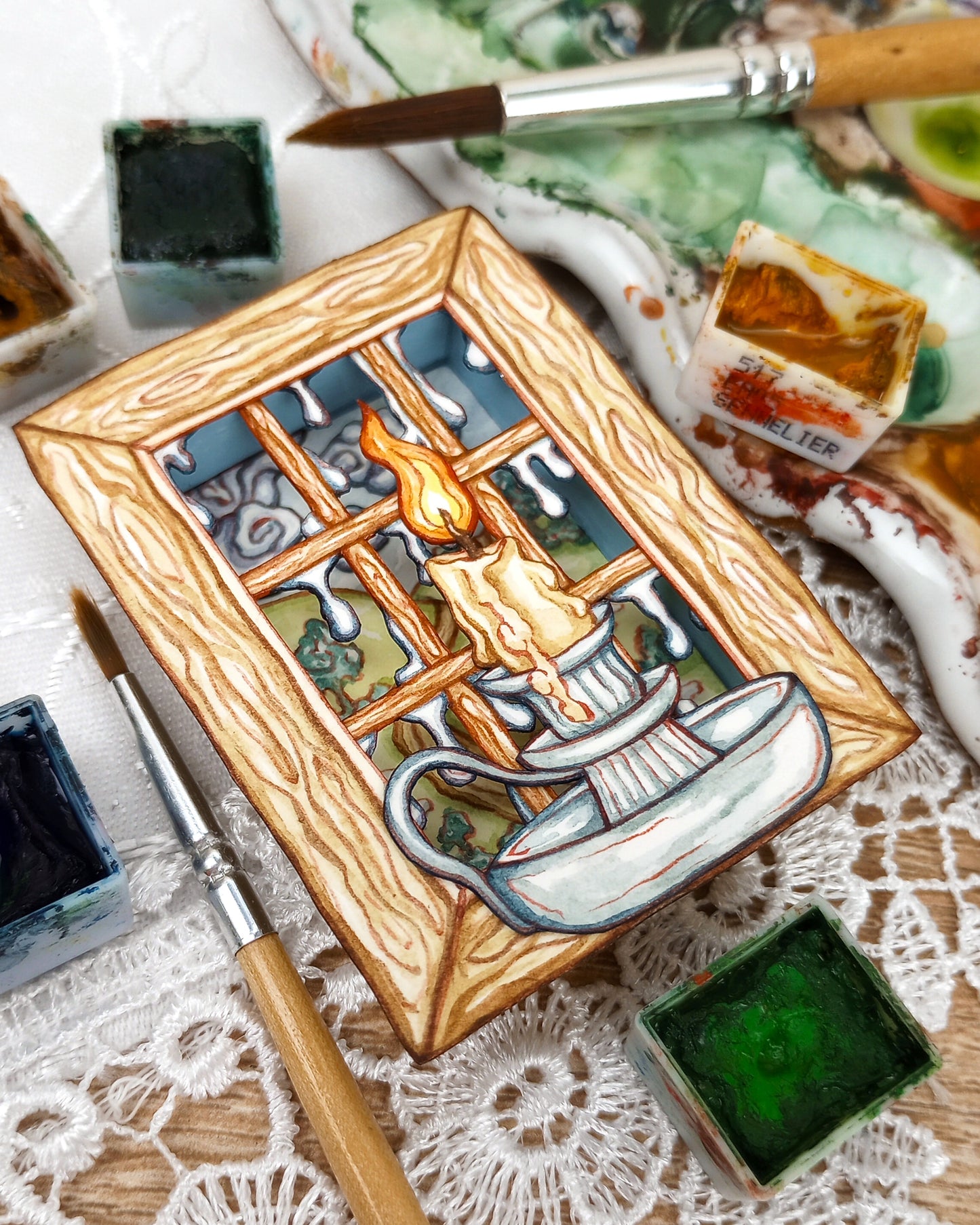 "Candle in the Window" — Now No More The Frost No. 2 — Original 3D Watercolor Matchbox Diorama