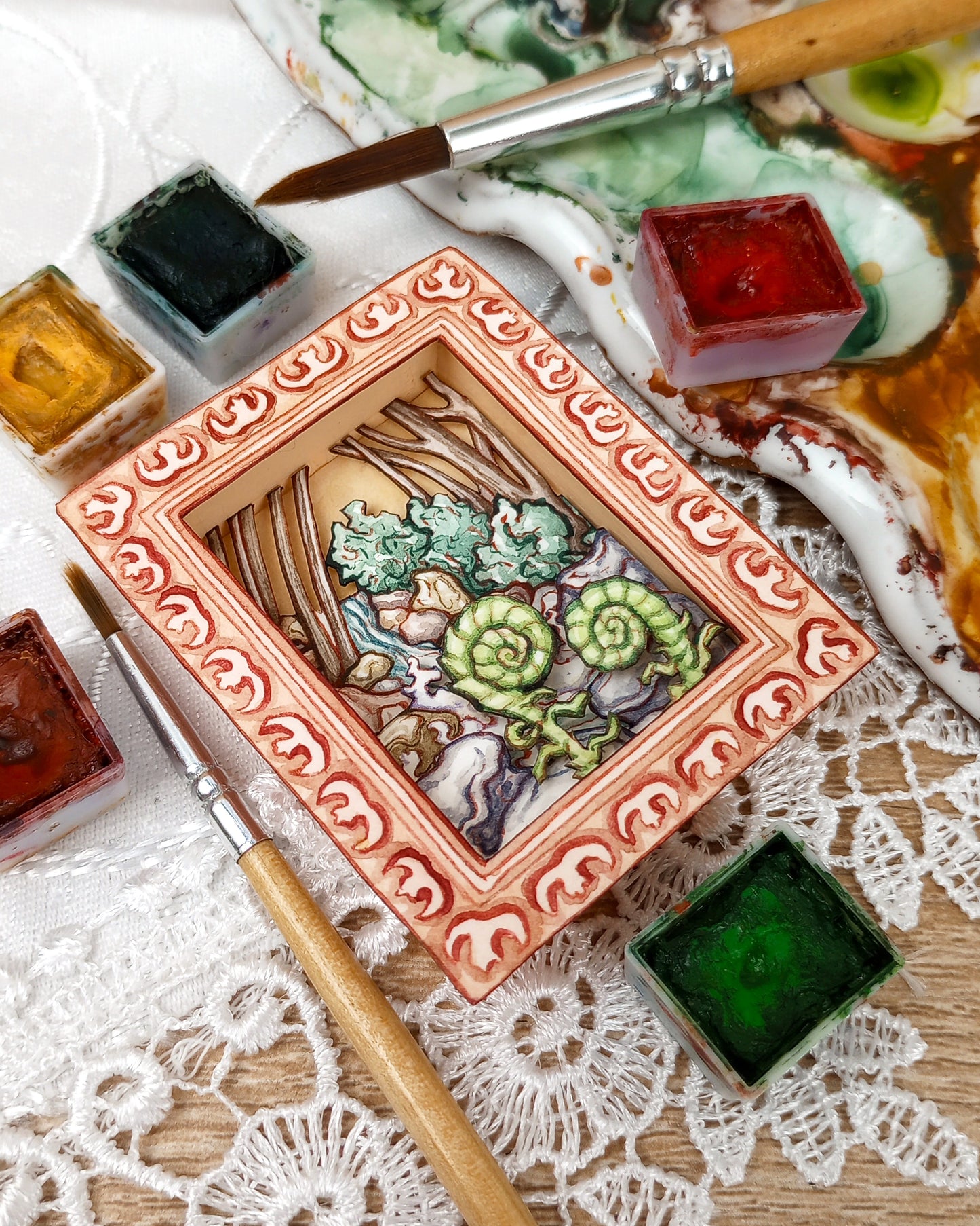 "Fiddlehead Ferns and Snowmelt Waterfall" — Now No More The Frost No. 8 — Original 3D Watercolor Matchbox Diorama