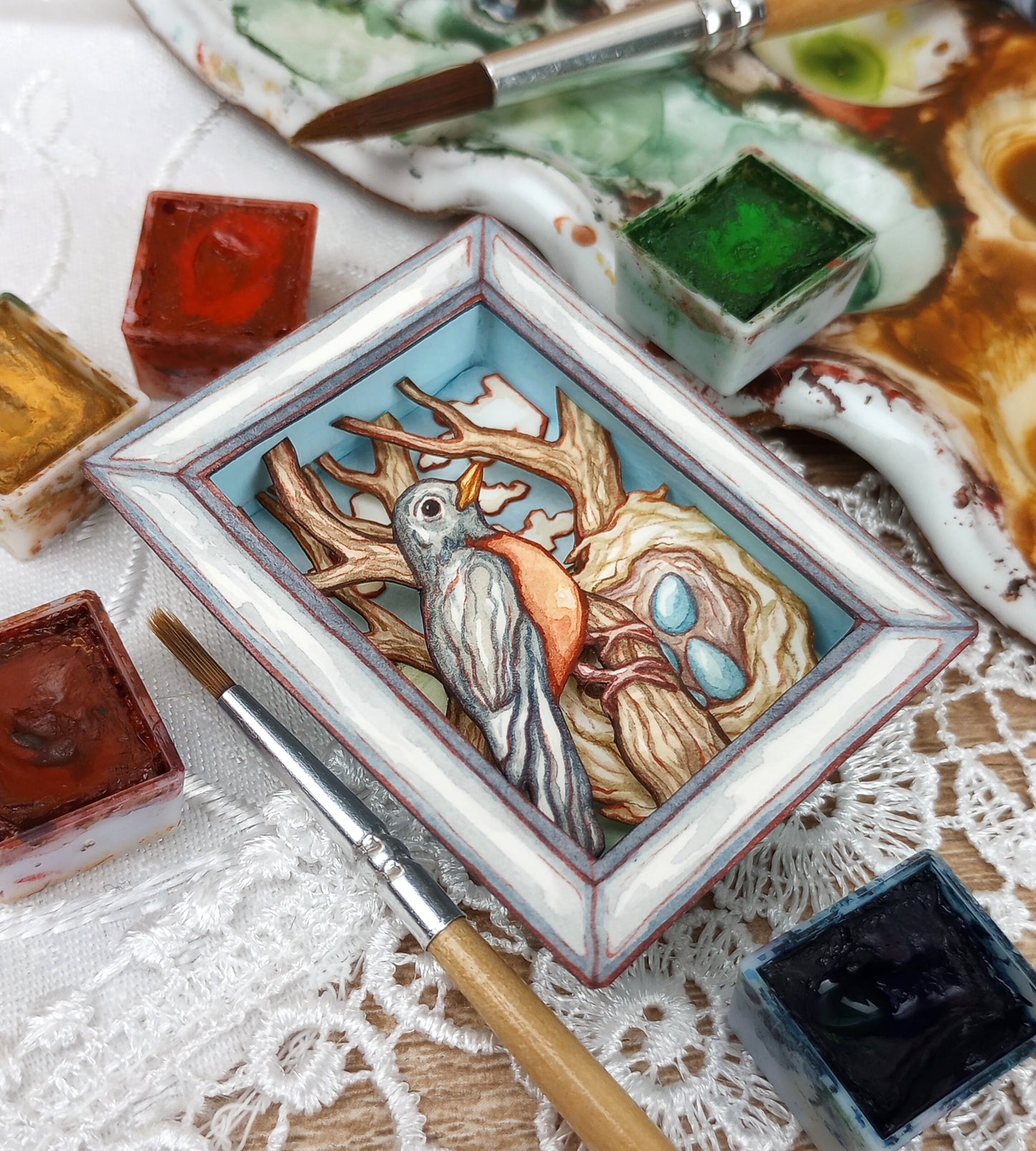 "Robin with Nest" — Now No More The Frost No. 7 — Original 3D Watercolor Matchbox Diorama