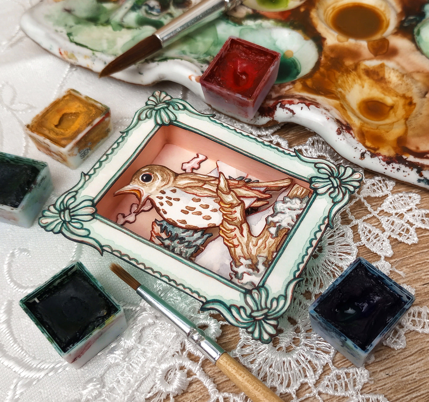 "The Thrush in Song" — Now No More The Frost No. 5 — Original 3D Watercolor Matchbox Diorama