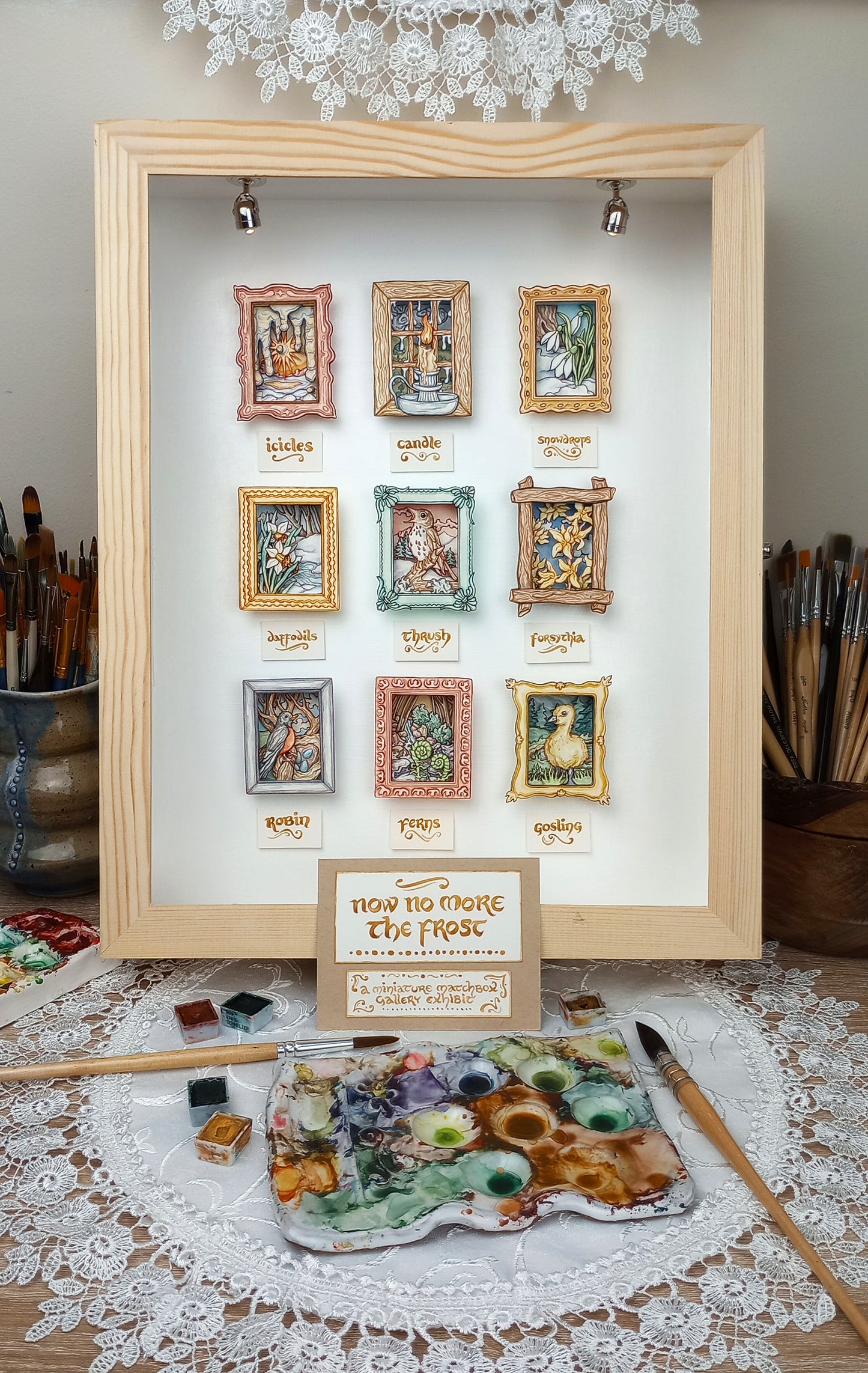 "Daffodils by the Stream" — Now No More The Frost No. 4 — Original 3D Watercolor Matchbox Diorama