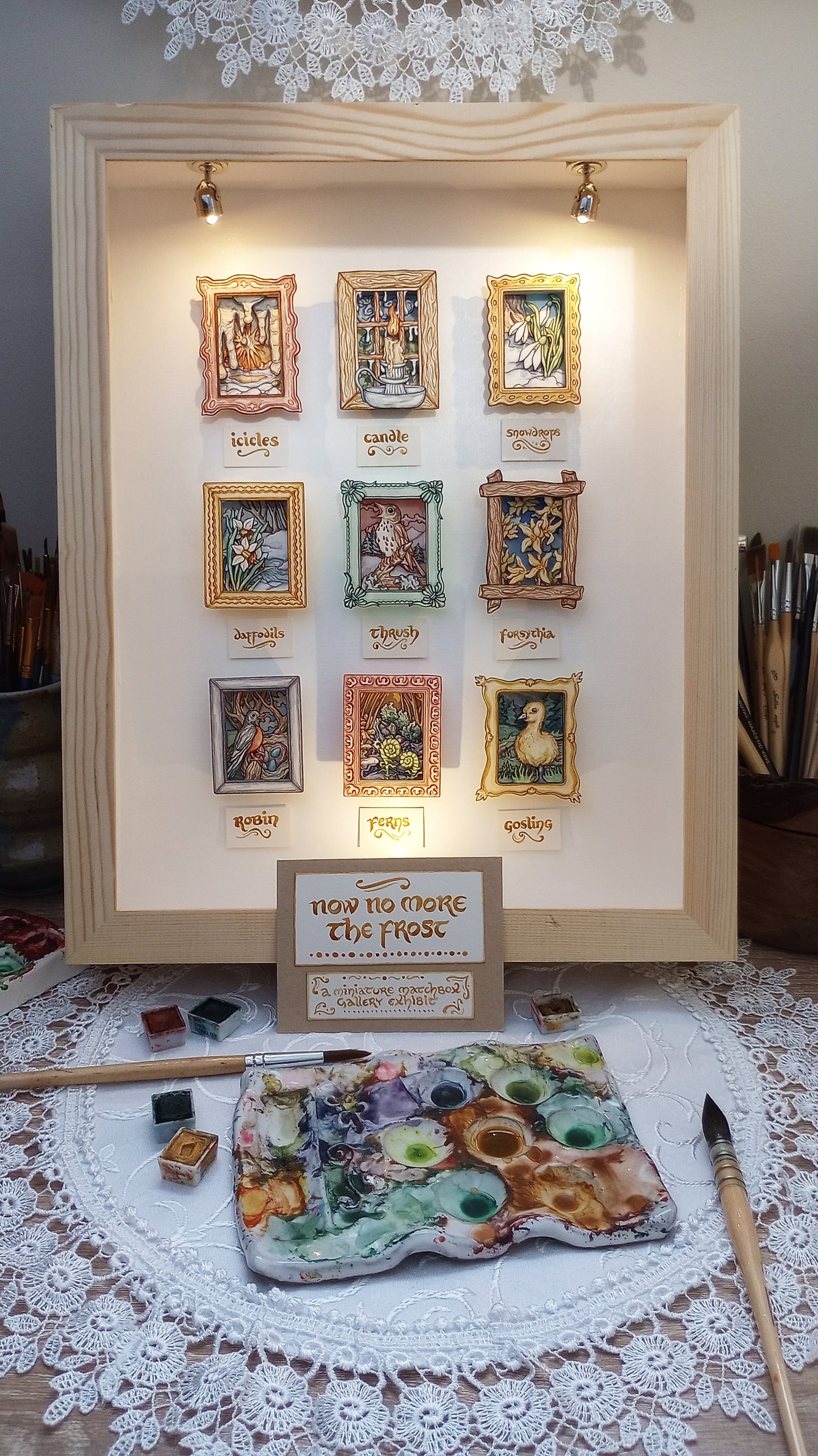 "Candle in the Window" — Now No More The Frost No. 2 — Original 3D Watercolor Matchbox Diorama