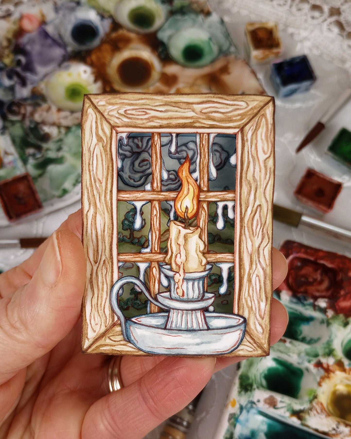 "Candle in the Window" — Now No More The Frost No. 2 — Original 3D Watercolor Matchbox Diorama