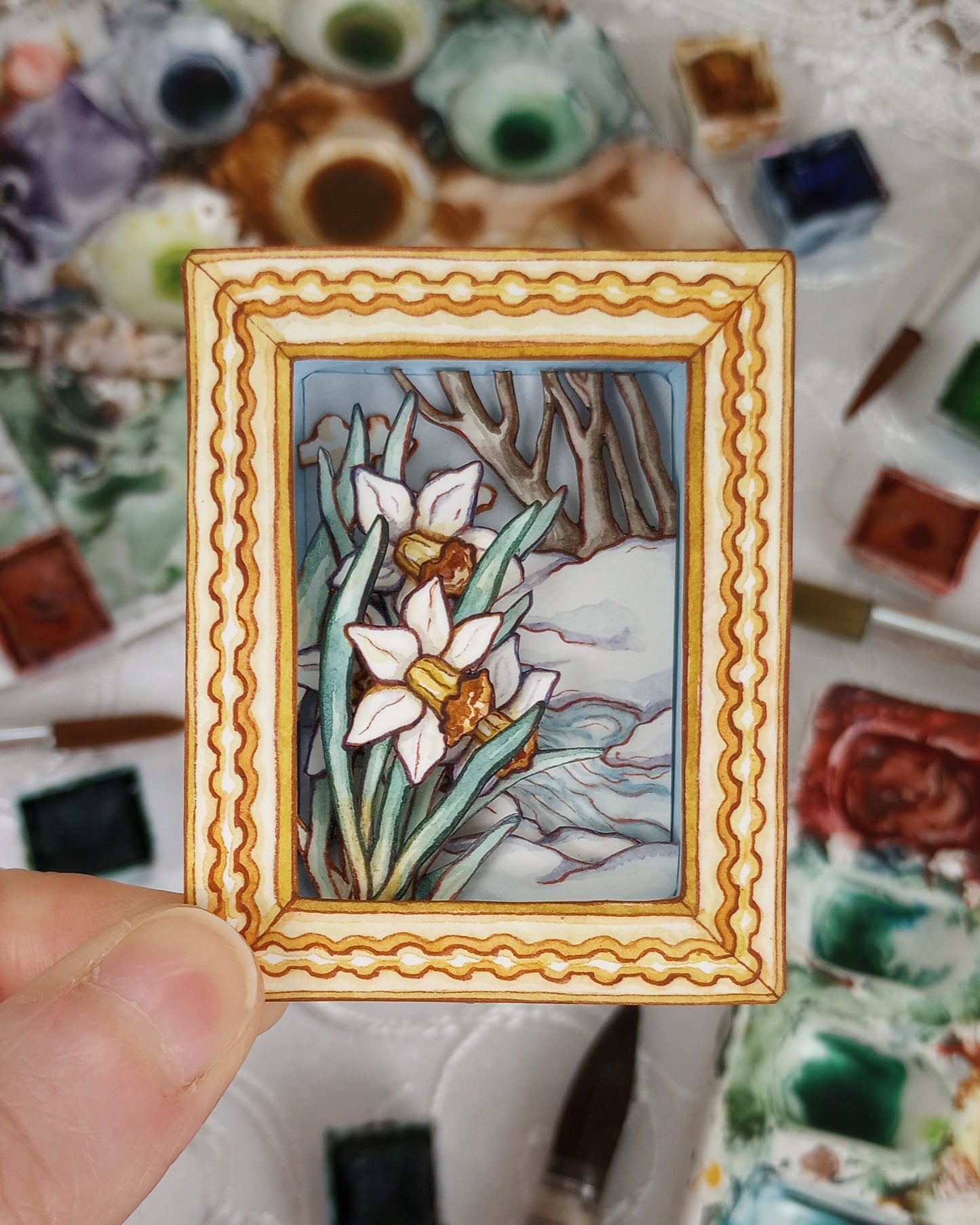 "Daffodils by the Stream" — Now No More The Frost No. 4 — Original 3D Watercolor Matchbox Diorama