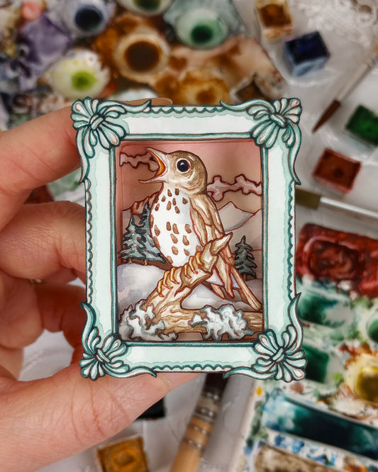 "The Thrush in Song" — Now No More The Frost No. 5 — Original 3D Watercolor Matchbox Diorama