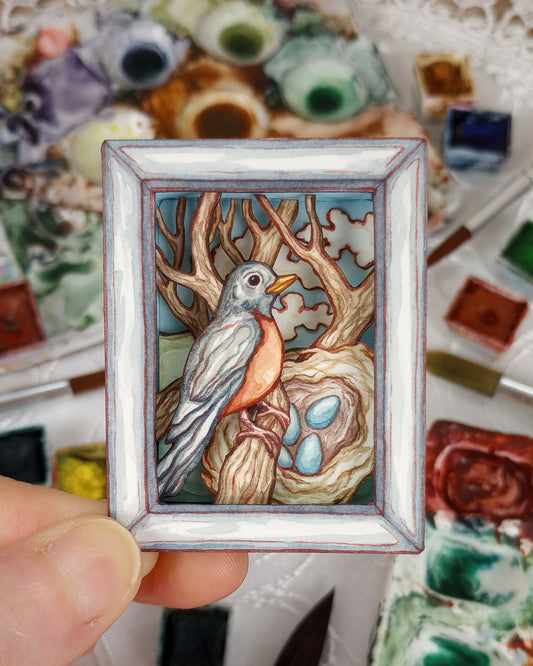 "Robin with Nest" — Now No More The Frost No. 7 — Original 3D Watercolor Matchbox Diorama