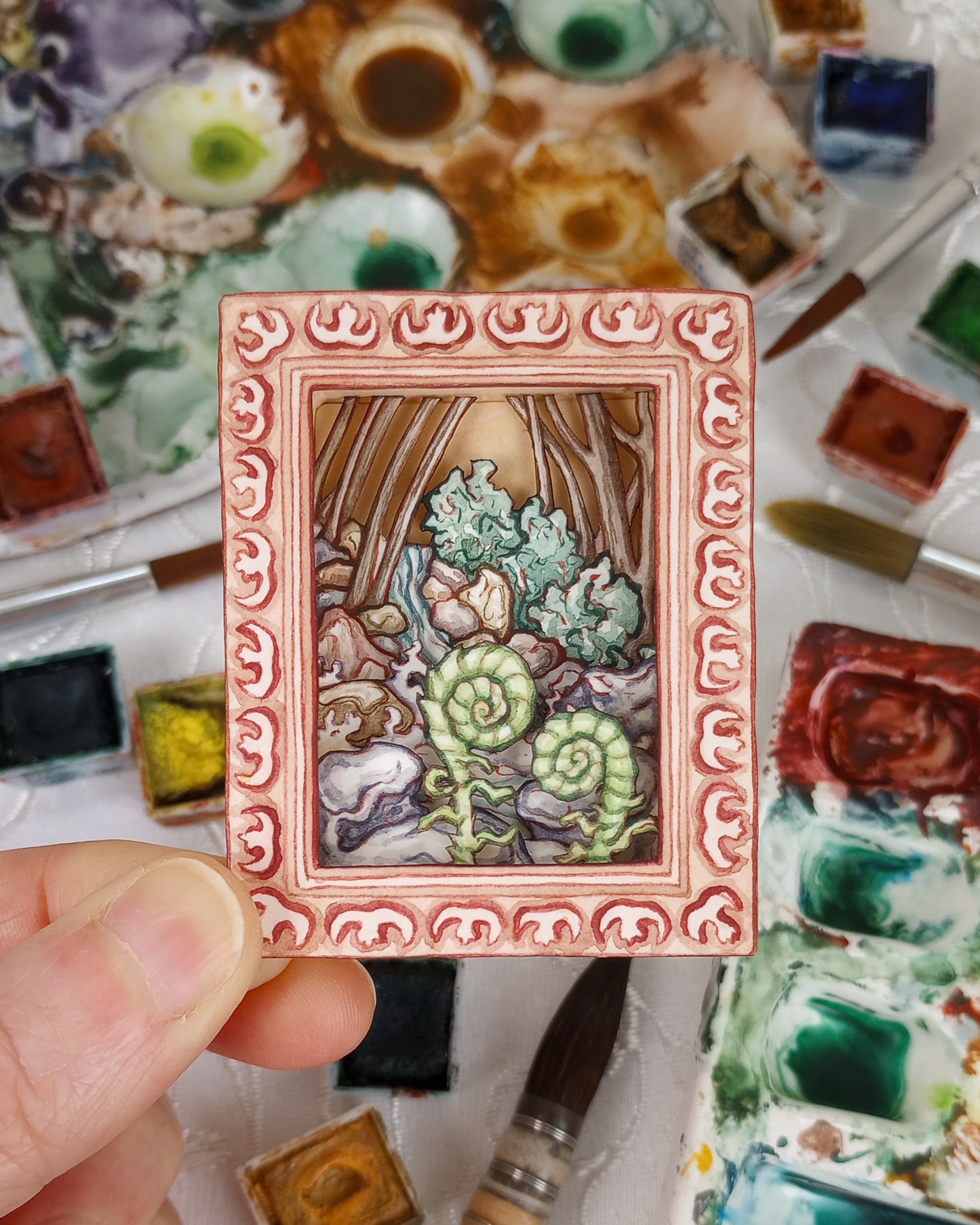 "Fiddlehead Ferns and Snowmelt Waterfall" — Now No More The Frost No. 8 — Original 3D Watercolor Matchbox Diorama