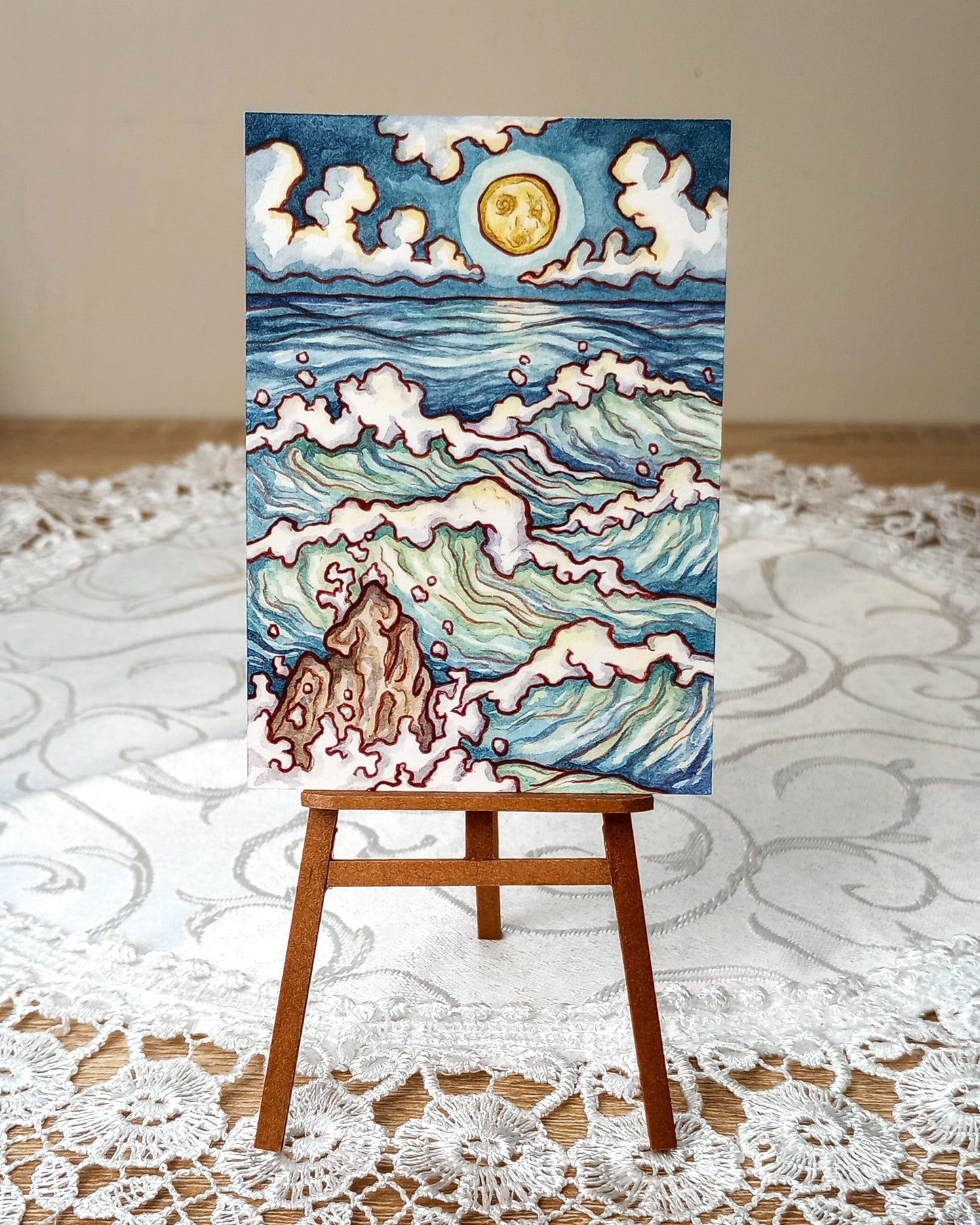 Moonlit Ocean Study No. 1 (Original Watercolor Seascape ACEO, Display Easel Not Included)
