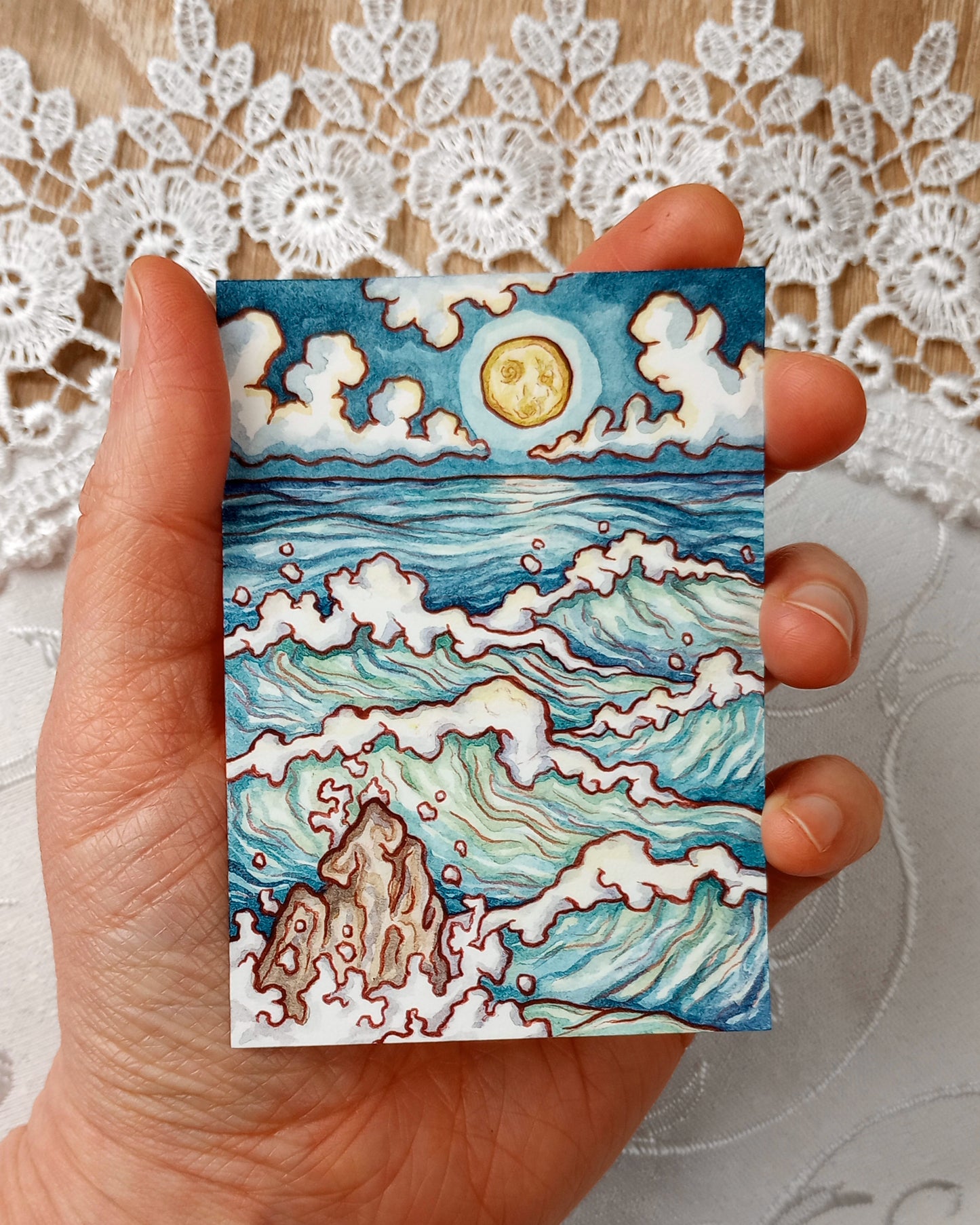 Moonlit Ocean Study No. 1 (Original Watercolor Seascape ACEO, Display Easel Not Included)