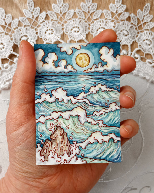 Moonlit Ocean Study No. 1 (Original Watercolor Seascape ACEO, Display Easel Not Included)