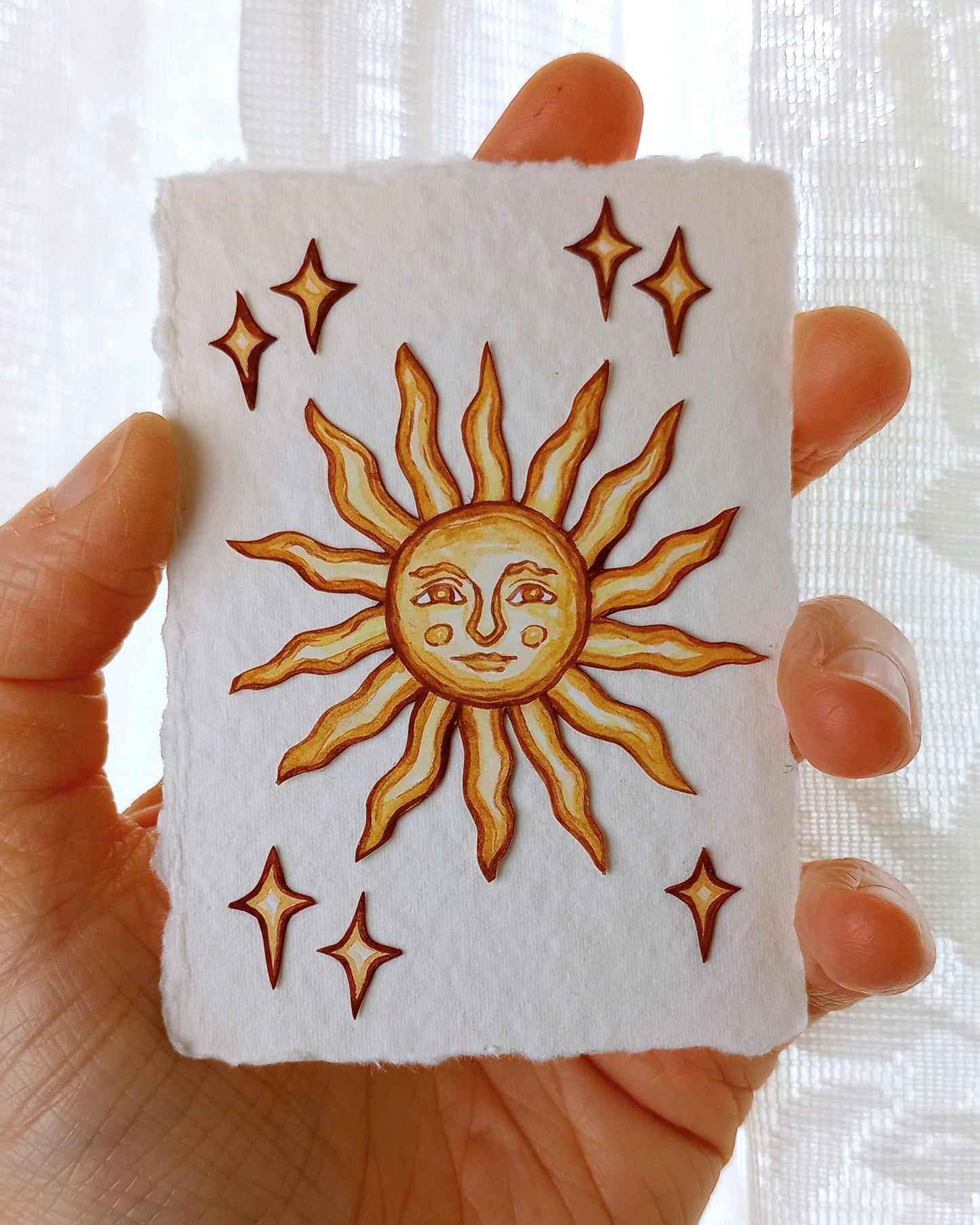 Sun Face No. 1 (Original Watercolor Papercut ACEO, Display Easel Not Included)