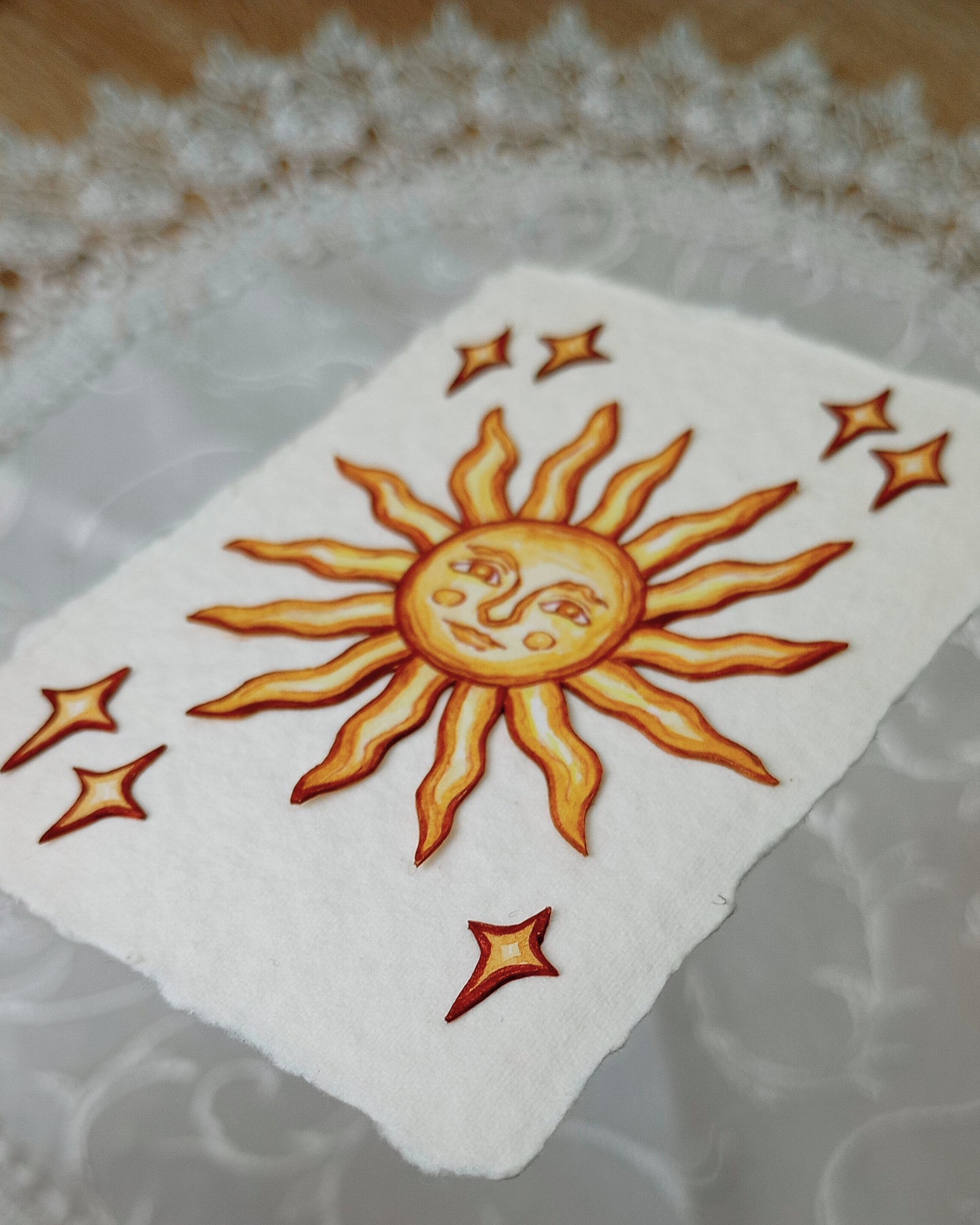 Sun Face No. 1 (Original Watercolor Papercut ACEO, Display Easel Not Included)