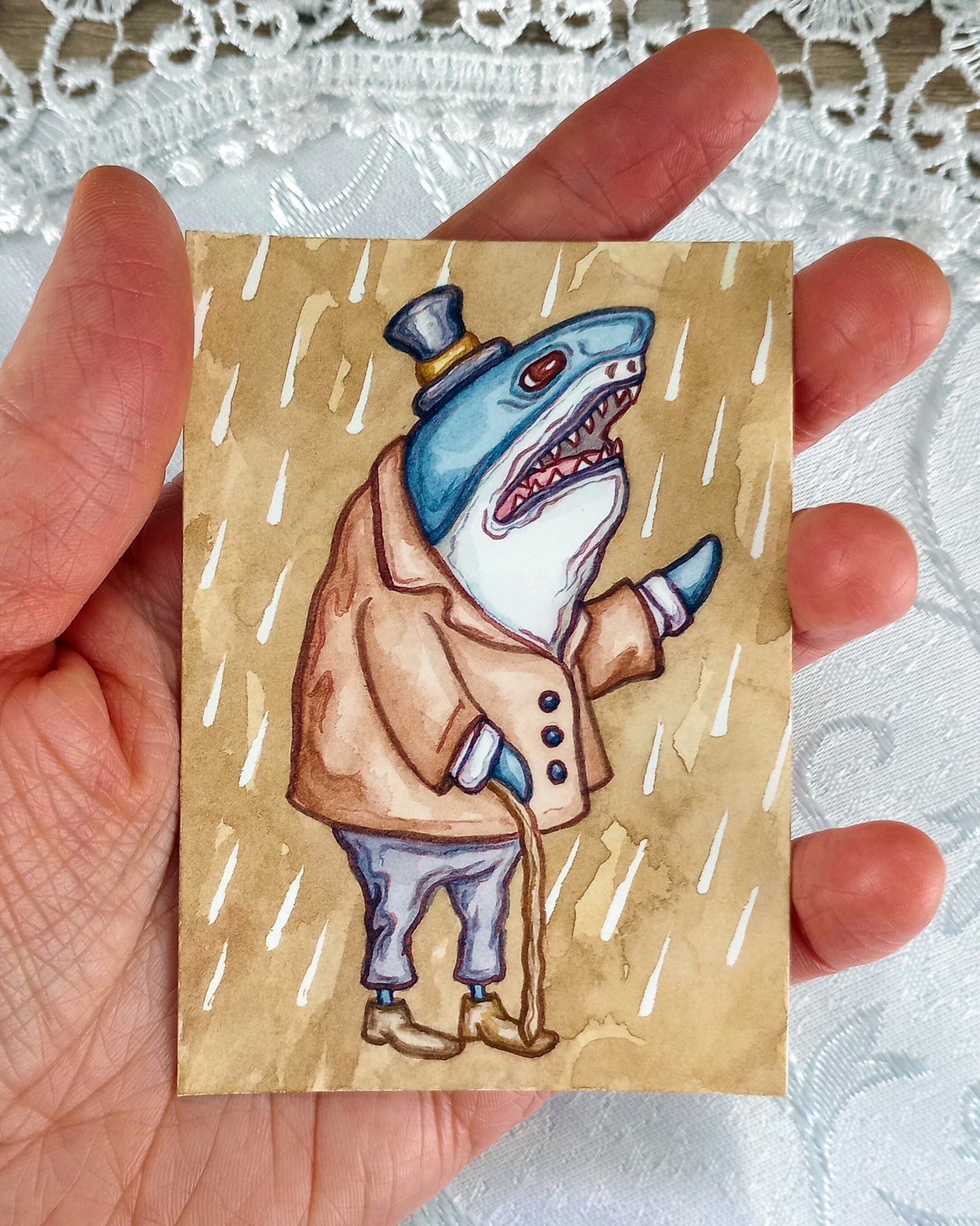 Rainy Day Fish: The Shark (Original Watercolor ACEO)