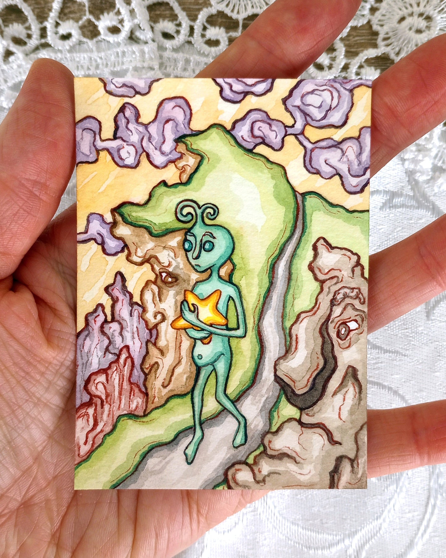 The Alien: Mountain Walk (Original Watercolor ACEO)