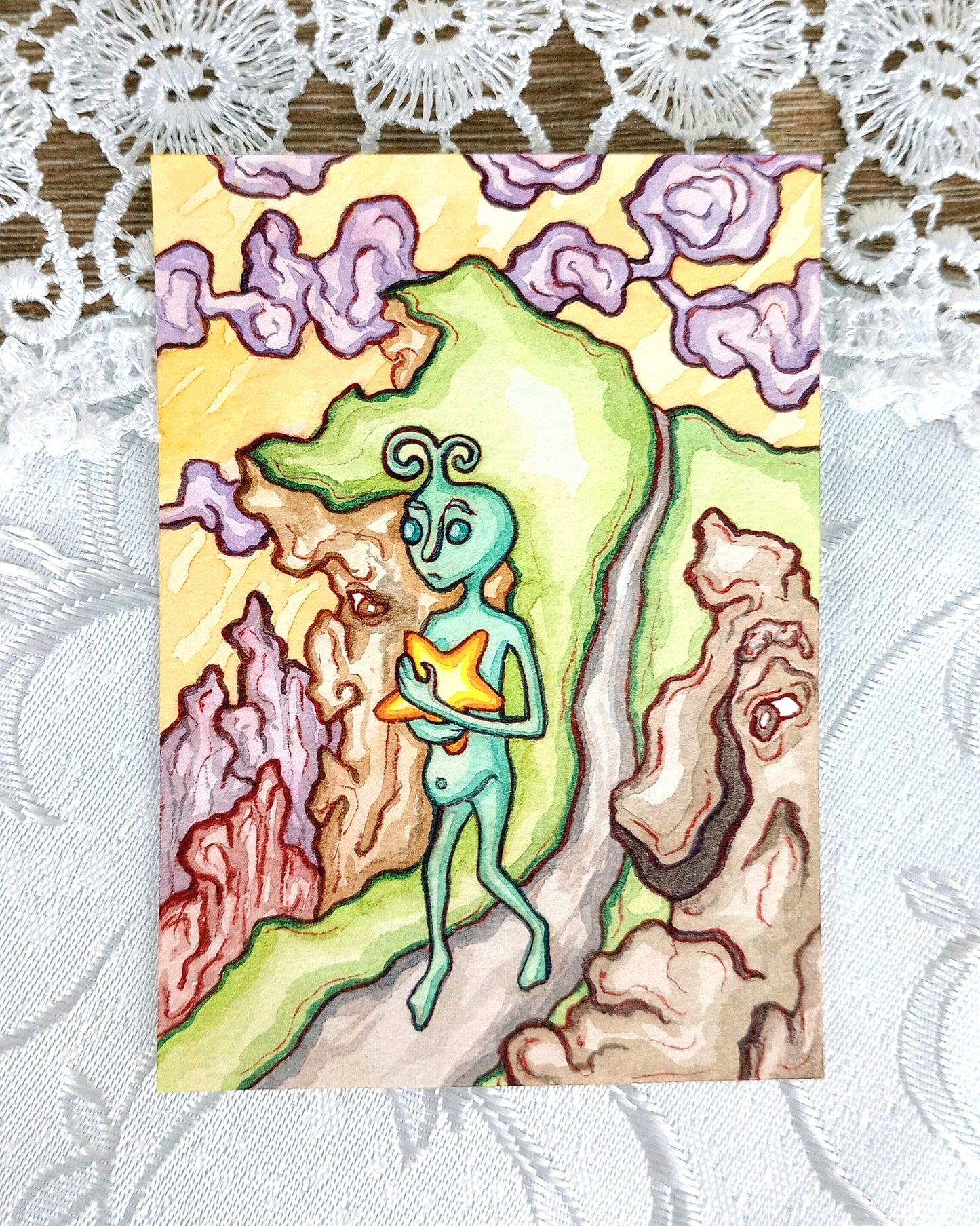The Alien: Mountain Walk (Original Watercolor ACEO)