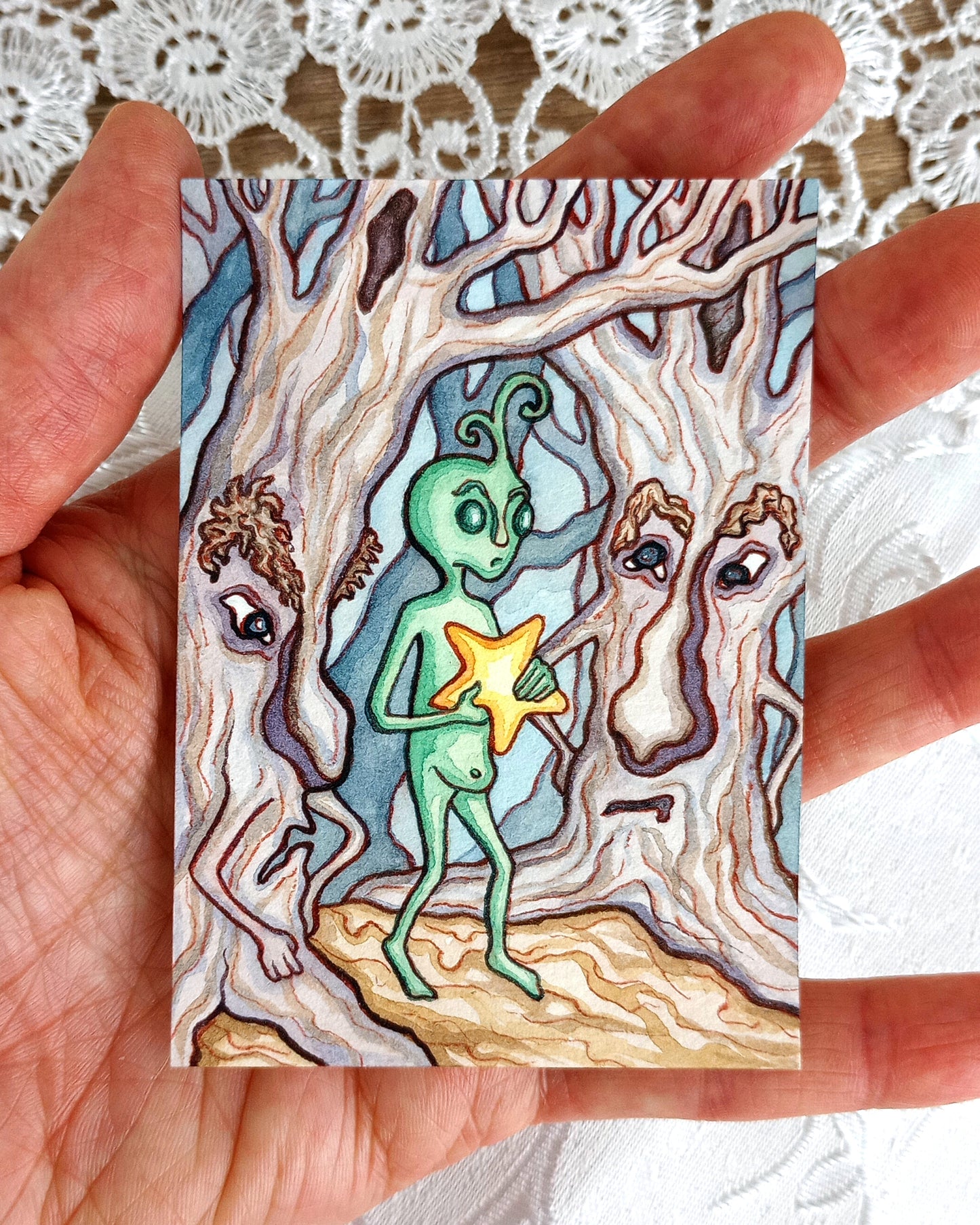 The Alien: Forest Walk (Original Watercolor ACEO)