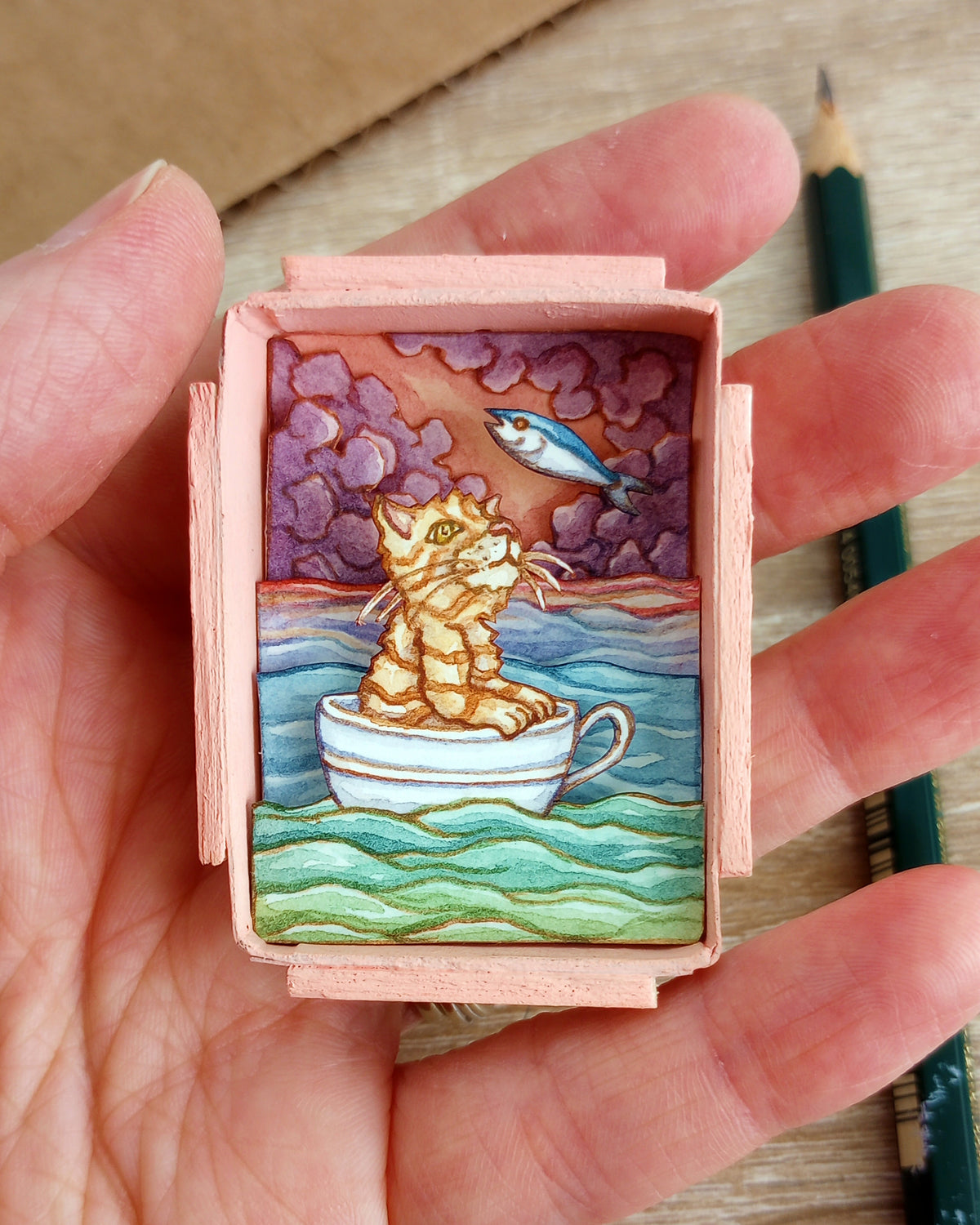 "Hank in the Dream World No. 2" — Original 3D Watercolor Matchbox Diorama