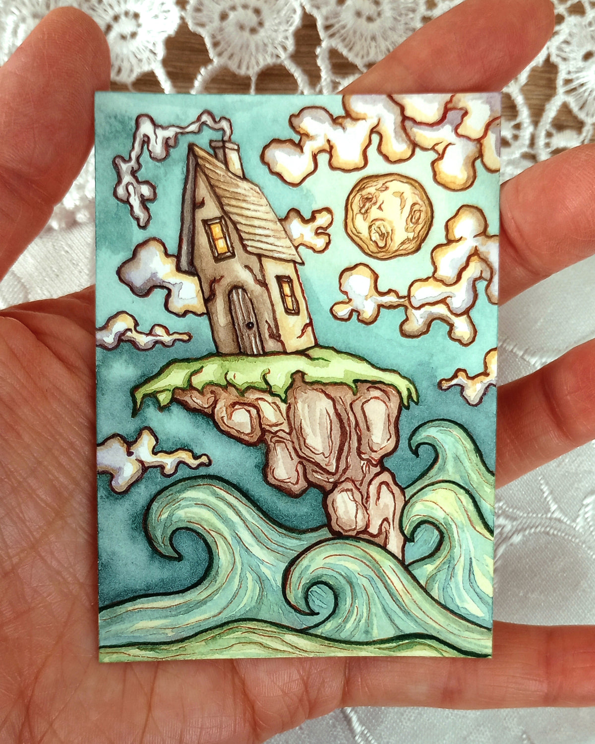 Cliff House by Night (Original Watercolor ACEO)