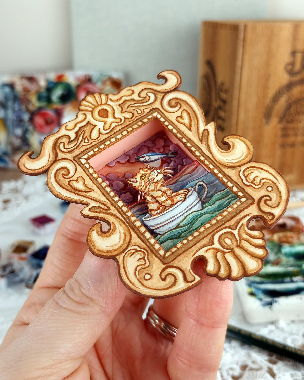 "Hank in the Dream World No. 2" — Original 3D Watercolor Matchbox Diorama