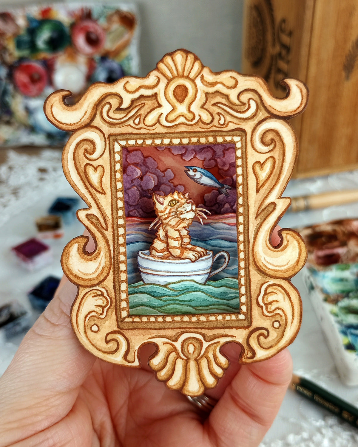 "Hank in the Dream World No. 2" — Original 3D Watercolor Matchbox Diorama