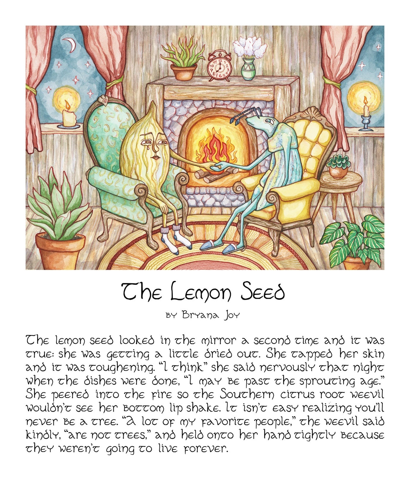 "The Lemon Seed" Original Watercolor Painting with Custom-Painted Mat (UNFRAMED, 11x14 inches)