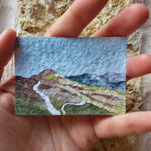 Rain Over The Croagh Patrick Hills: Original Watercolor Tiny Landscape