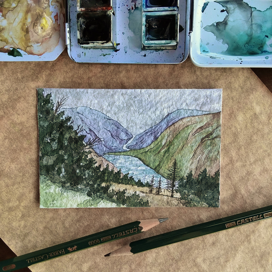 Glendalough Lake, County Wicklow (II): Original Miniature Watercolor Sketch