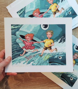 "I love Ponyo whether she's a fish, a human, or something in between” (Gouache Story Seascape): 8x10 Fine Art Print